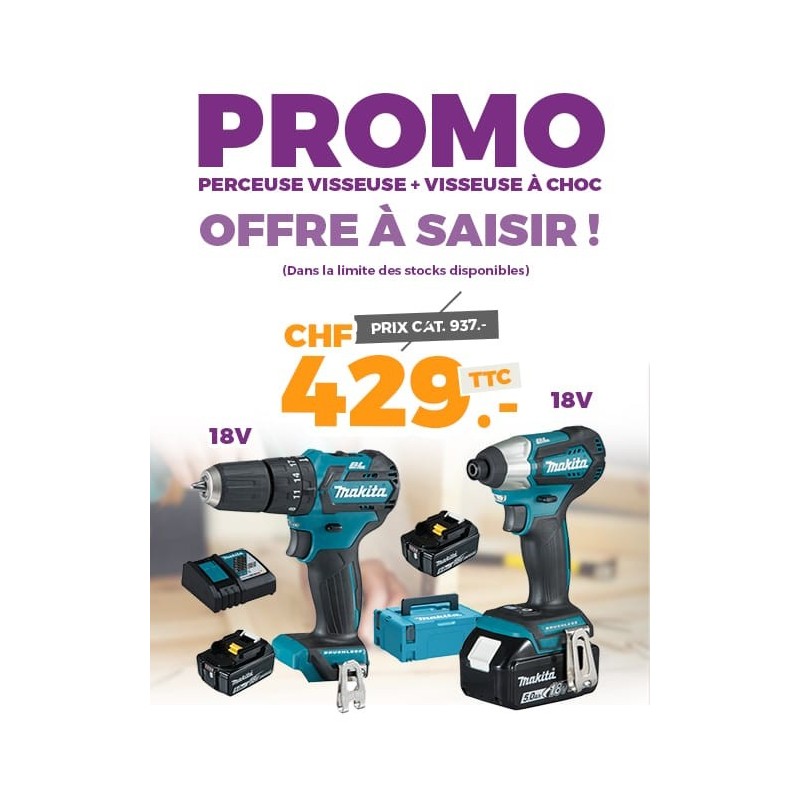 Promo perceuse visseuse + visseuse à choc MAKITA