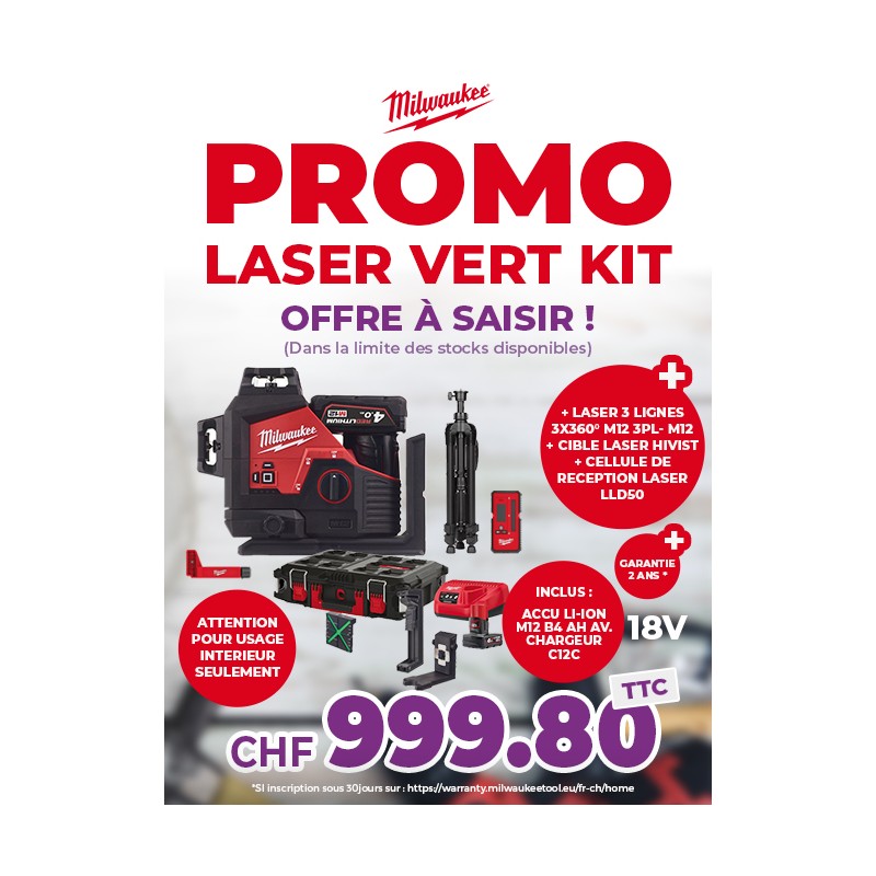 MILWAUKEE LASER VERT KIT M12 3PLKIT-401P 3 LIGNES 360° ACTION